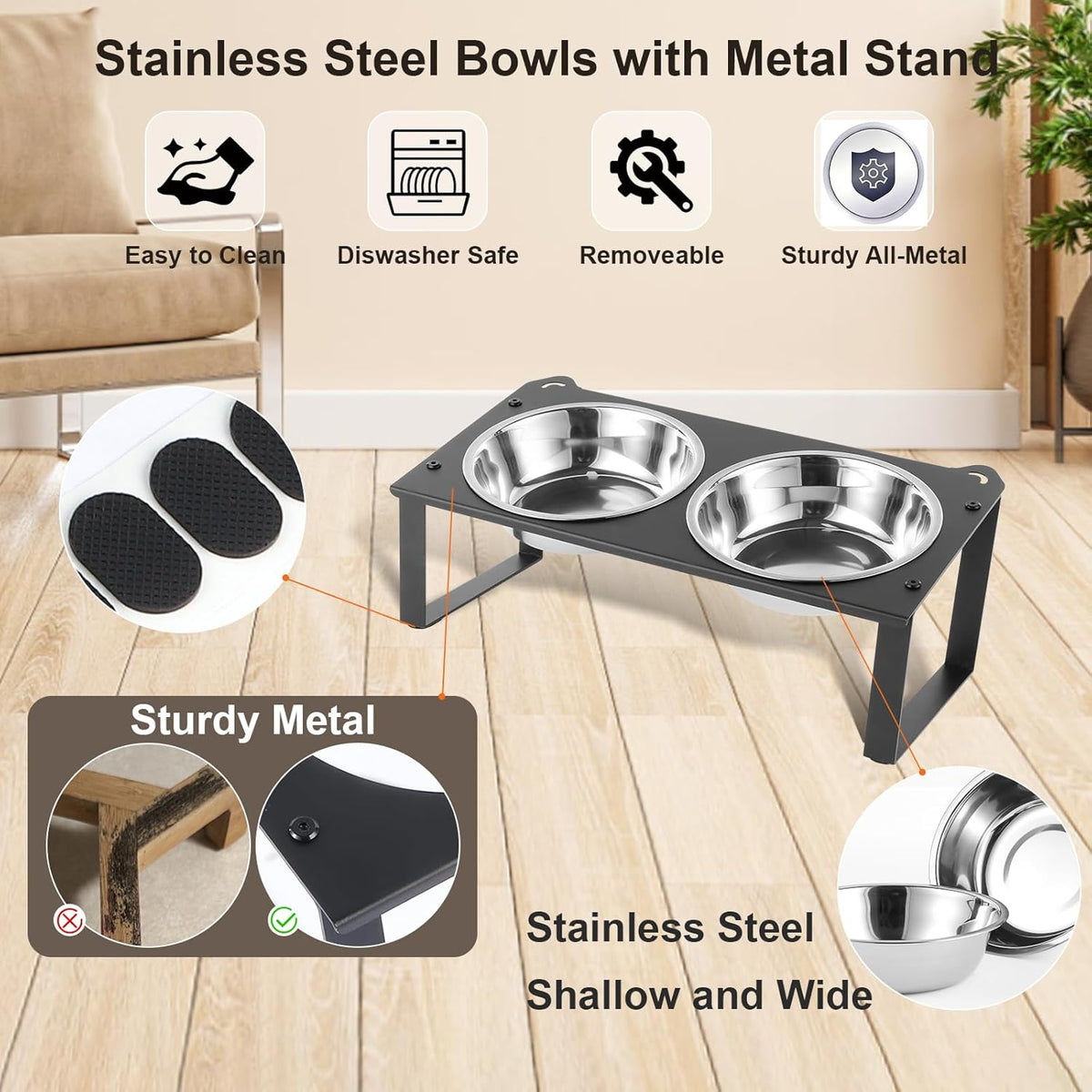 2 Set Elevated Cat Food Water Bowls, 4 Stainless Steel Bowls for Indoor Pet with Cute Metal Stand, 10° Tilted Anti-Vomiting Wide Shallow Raised Cat Dishes Whisker Friendly for Multiple Kitten,Puppy