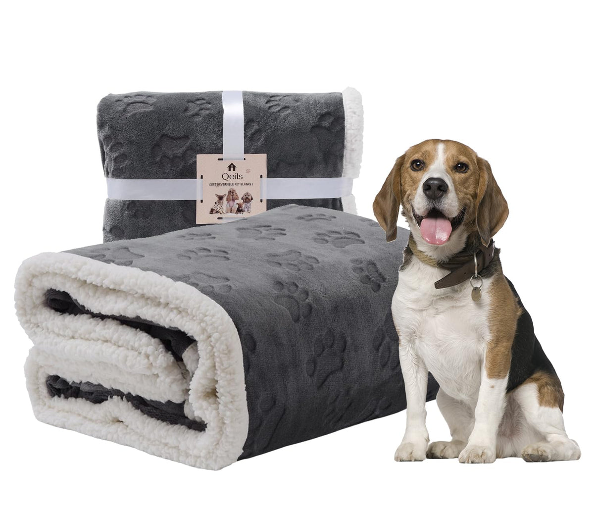 Qeils Dog & Cat Blankets - Waterproof Washable - Sherpa, Plus Plush Reversible, 25"X30", Grey Paw Print