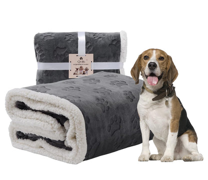 Qeils Dog & Cat Blankets - Waterproof Washable - Sherpa, Plus Plush Reversible, 25"X30", Grey Paw Print