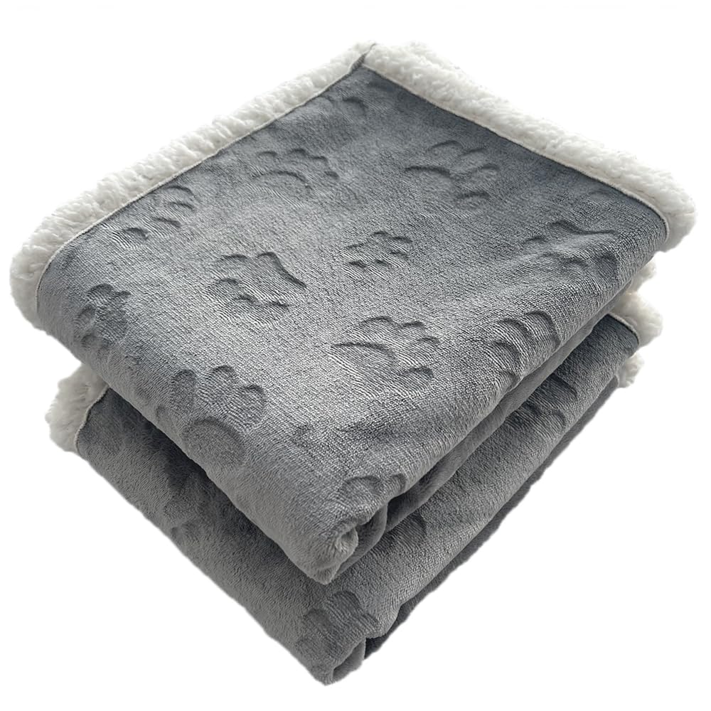 Qeils Dog & Cat Blankets - Waterproof Washable - Sherpa, Plus Plush Reversible, 25"X30", Grey Paw Print