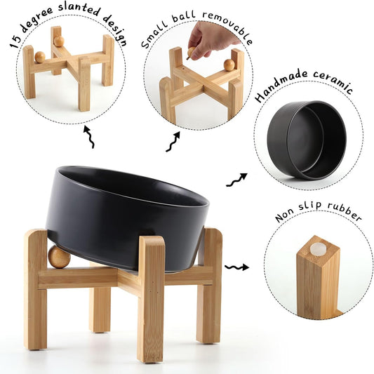 Petygooing Black Raised/Elevated 15°Slanted Ceramic Dog Bowl for Small Breeds,Tilted Anti Slip Pet Feeding Bowl,Food Water Dish with Stand for Cats and Small Dogs Puppy 13.5 OZ (5.1In /1.7 Cups)
