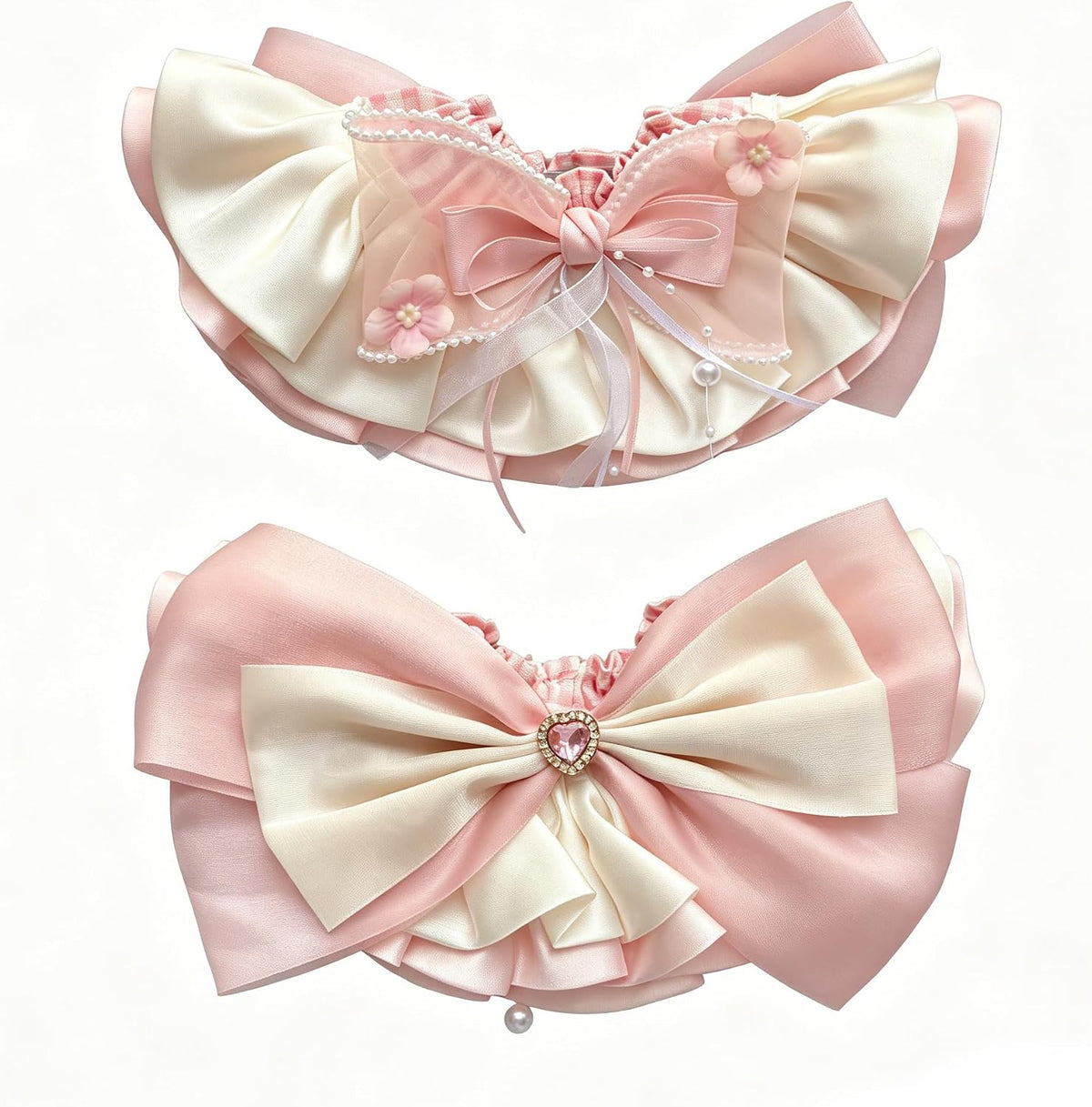 Sweet Lace & Satin Pet Bib, Princess Style Heavy-Duty Bandana with Bow & Floral Accents, Cute Collar for Cats & Small Dogs (Pink&White)