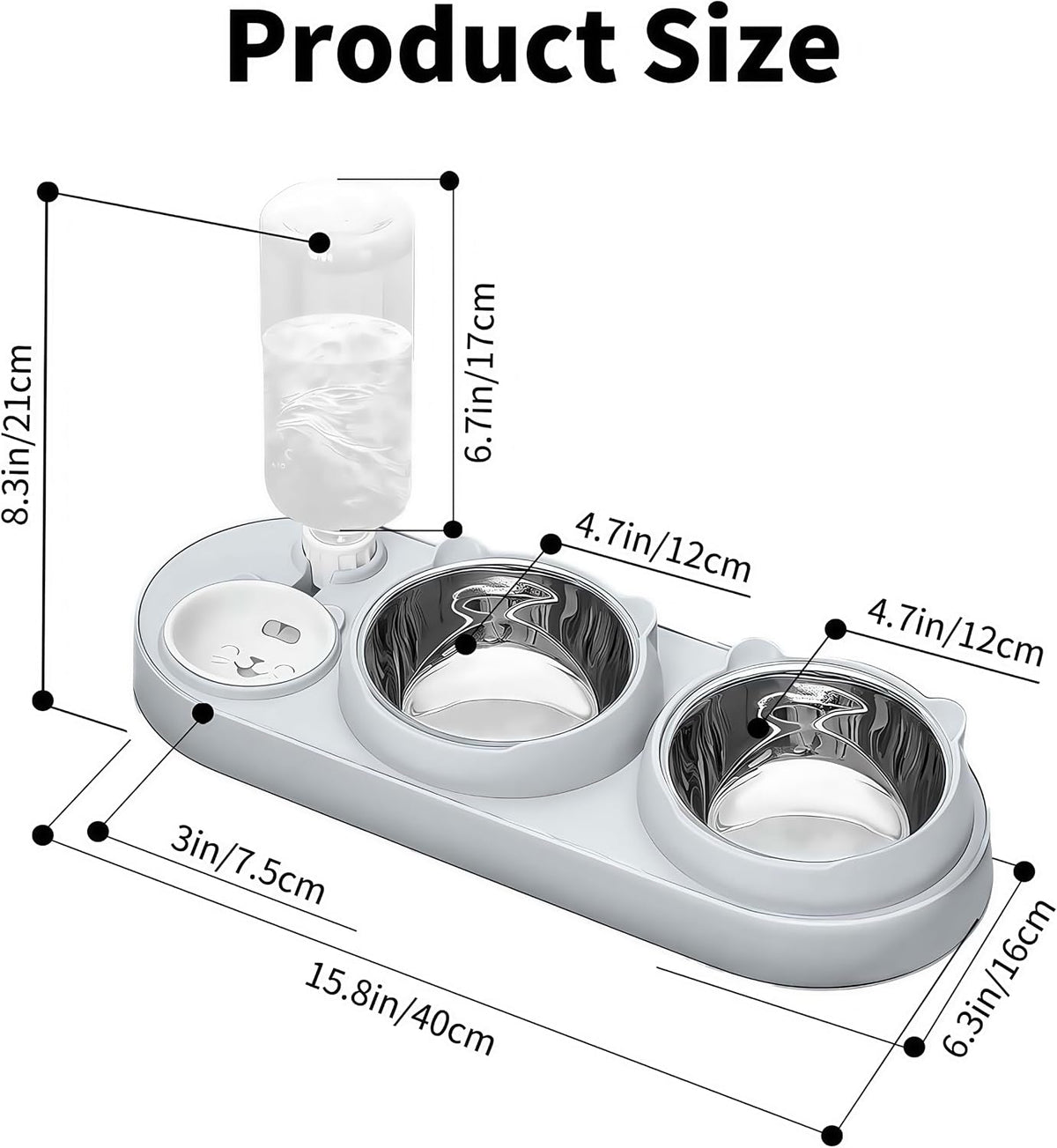 Marchul 3 in 1 Cat Bowl, Cat Food and Water Bowl Set with Water Dispenser and Stainless Steel Bowls, 15° Tilted Pet Raised Three Bowls for Indoor Cats, Small or Medium Sized Dogs