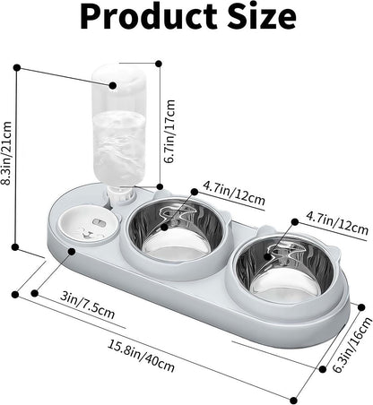 Marchul 3 in 1 Cat Bowl, Cat Food and Water Bowl Set with Water Dispenser and Stainless Steel Bowls, 15° Tilted Pet Raised Three Bowls for Indoor Cats, Small or Medium Sized Dogs
