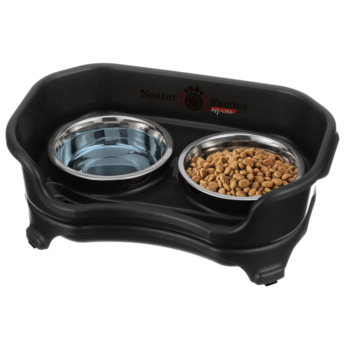 Neater Feeder Express Mess Proof Dog Bowls Elevated for Small Breeds Under 15 Lb, Made in USA, No Spill Raised Dog Food Bowl Stand, Stainless Steel Food and Water Bowl Set, Feeding Station, Black