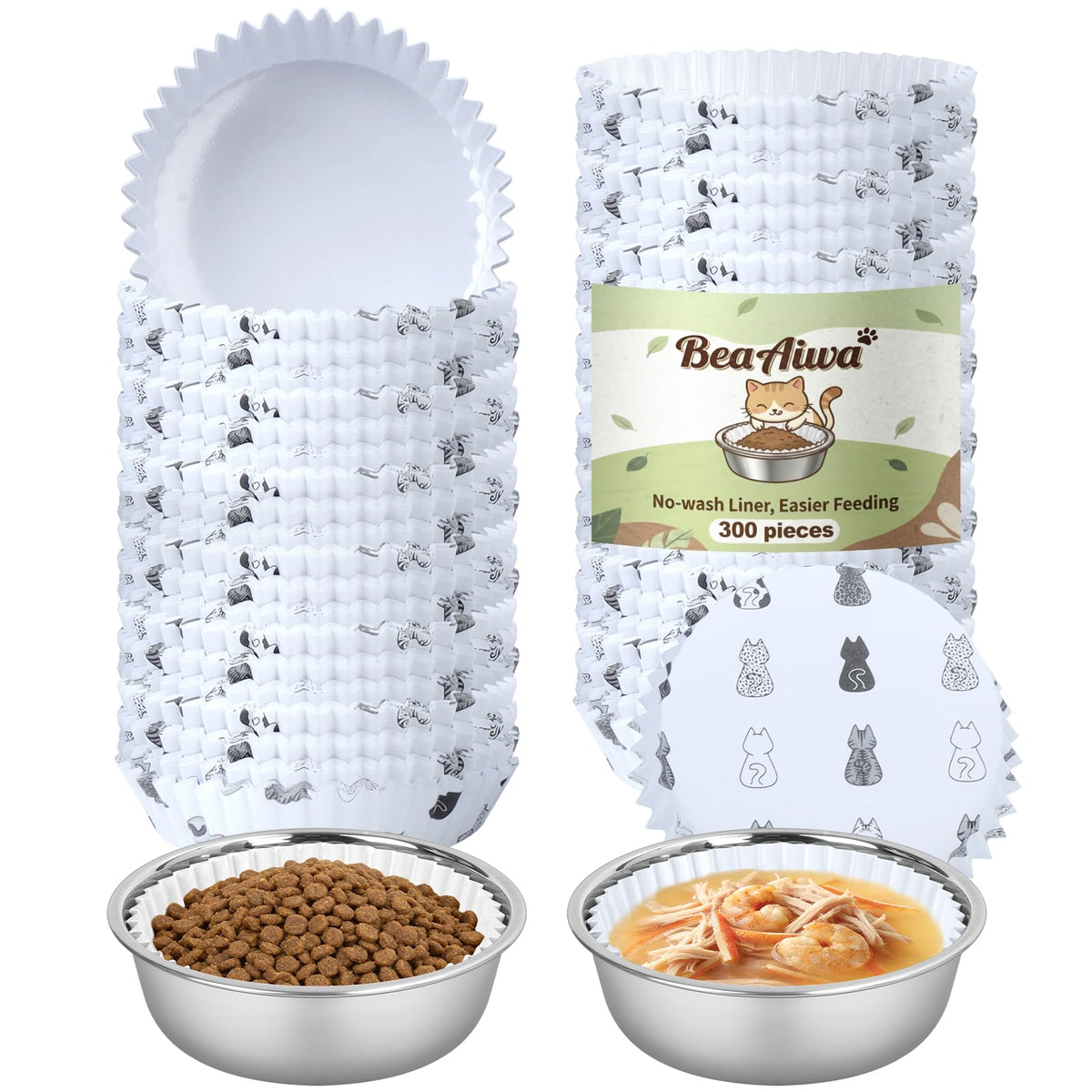 Cat Bowl Set (300 Disposable Pet Bowl Liners with 2 Stainless Steel Bowls)