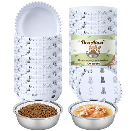 Cat Bowl Set (300 Disposable Pet Bowl Liners with 2 Stainless Steel Bowls)