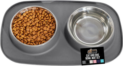 GORILLA GRIP Dog Bowl Set with Feeding Mat, 304 Stainless Steel, 2 Cup Gray