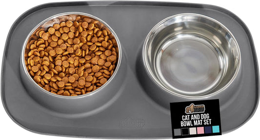 GORILLA GRIP Dog Bowl Set with Feeding Mat, 304 Stainless Steel, 2 Cup Gray