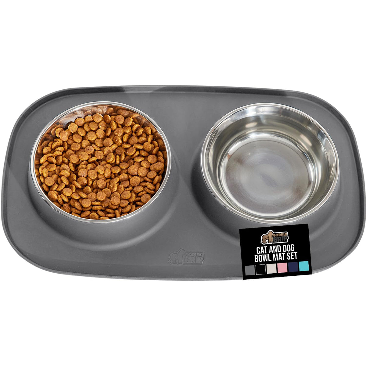 GORILLA GRIP Dog Bowl Set with Feeding Mat, 304 Stainless Steel, 2 Cup Gray
