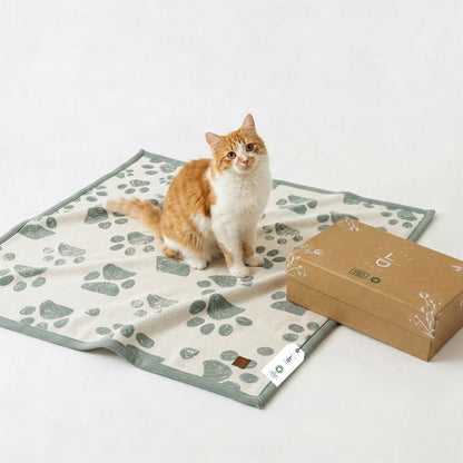 Small Pet Blanket - 100% Organic Cotton, Double Layer Plush Sherpa, Soft Plush, Blue Paw Jacquard Knit, 30"x40", Small Dog Blanket, Ideal Cat Blanket - Soft and Warm
