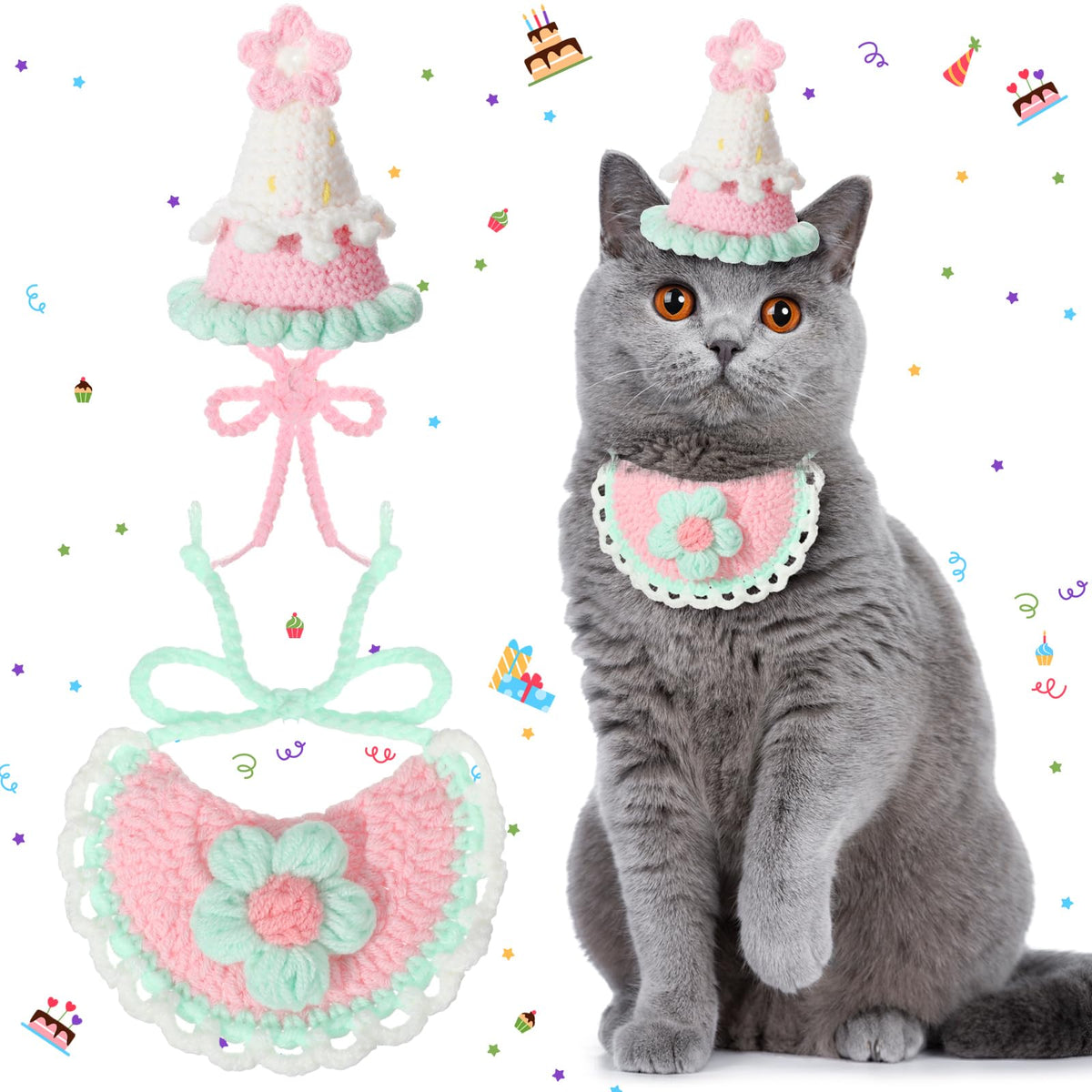 2 Pcs Cat Birthday Outfit, Birthday Hat, Knit Bib for Dog,Pet, Cream Yellow