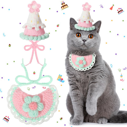 2 Pcs Cat Birthday Outfit, Birthday Hat, Knit Bib for Dog,Pet, Cream Yellow