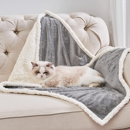 Qeils Dog & Cat Blankets - Waterproof Washable - Sherpa, Plus Plush Reversible, 25"X30", Grey Paw Print