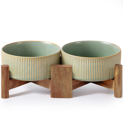 Getstar Ceramic Dog Bowls Set with Acacia Wood Stand, 3.5 Cups Pet Bowls Set of 2 for Medium Dogs, Cute Dog Raised Food Bowl, Cat Bowls