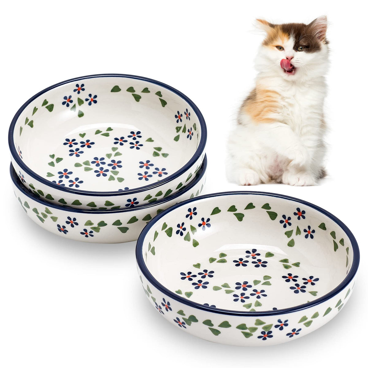 Ceramic Cat Bowls, Howise Pet Bowl Cat Dishes for Food and Water, 5.3 in Cat Food Dish 3 Pack Cat Food Bowls Set Small Dog Dish, Matte White Finish