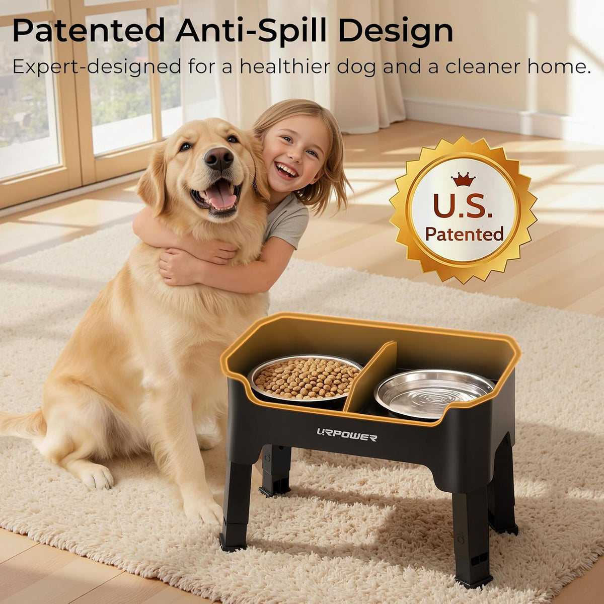 URPOWER Mess Proof Elevated Dog Bowls, Splash Guard Raised Bowl Stand