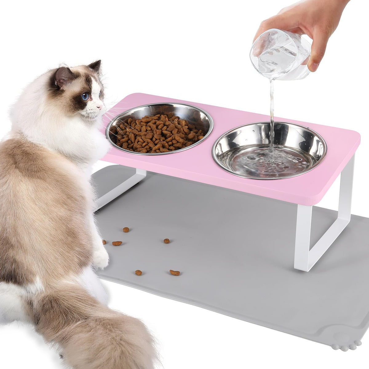 Upgraded Elevated Cat Bowls with Food Mat,15°Tilted Stand Anti Vomiting Raised Cat Dishes for Food and Water,2 Stainless Steel Bowls for Cats and Puppy