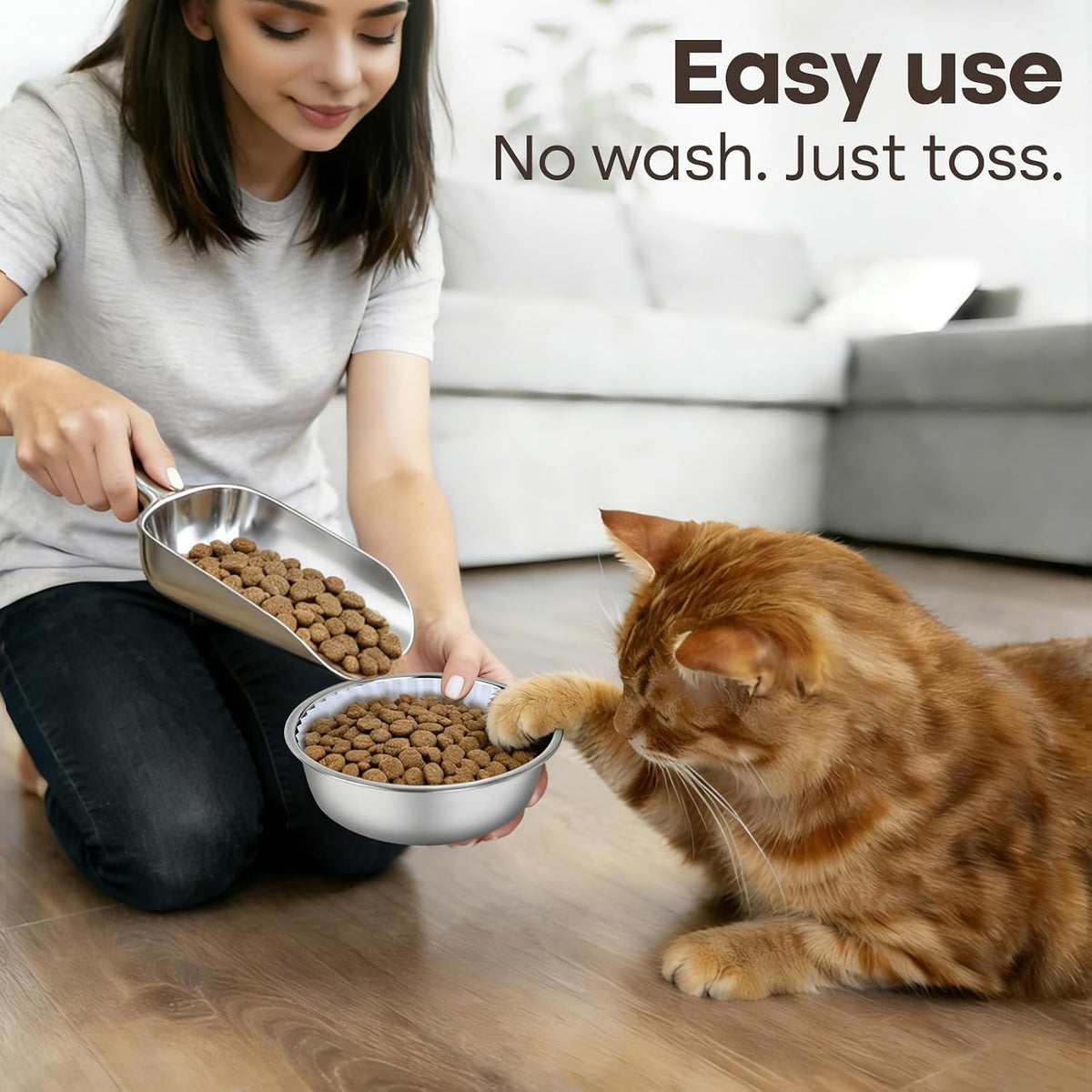Cat Bowl Set (300 Disposable Pet Bowl Liners with 2 Stainless Steel Bowls)