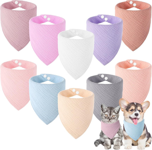 10 Pcs Muslin Cotton Triangle Dog Bandanas Reversible Pet Bibs Scarf Dog Scarves with Two Snaps Apparel Accessories Kerchief for Small to Medium Puppy Cat(Warm & Neutral Color)