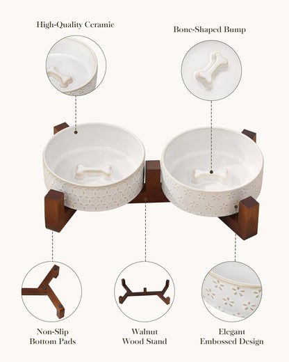 MALACASA Cat and Dog Bowl Set, Ceramic Bowls with Walnut Wood Stand, 2 Cups