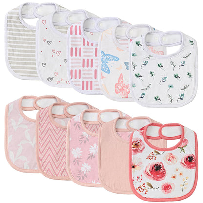 10 Pack Cotton Snap Bibs for Baby Boy Girl, Super Soft Drool Bibs for Teething and Feeding
