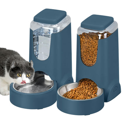 2 Pack Automatic Cat Feeder and Gravity Stainless Steel Water Dispenser, Dog Food Feeder and Waterer Set for Small Medium Puppy Kitten Pets (1 Gallon x 2, Gray)