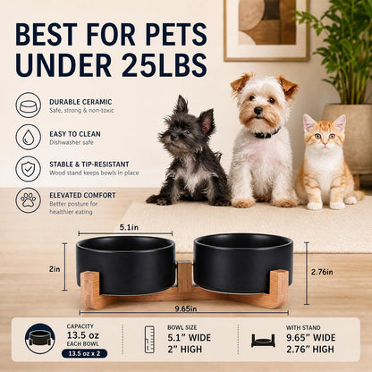 Petygooing Ceramic Dog Cat Bowls Set with Stand,Black Pet Food and Water Bowl,Small Dog Bowls Cute Modern Anti Slip Set of 2 Pet Feeder Small Size Pet Dish(13.5OZ/5.1 in)