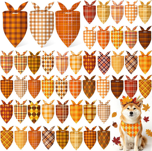 50 Pcs Fall Plaid Dog Bandanas Bulk Autumn Gingham Check Pattern