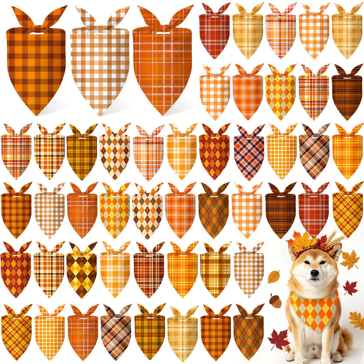 50 Pcs Fall Plaid Dog Bandanas Bulk Autumn Gingham Check Pattern