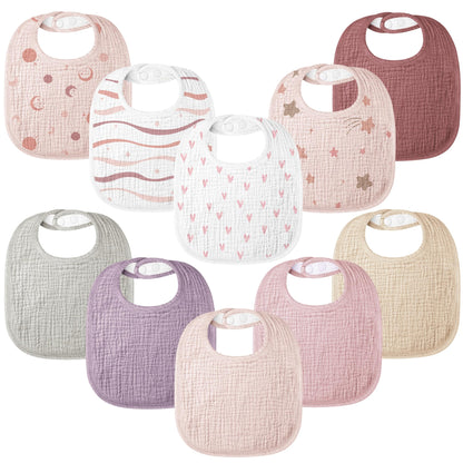 Bearmoss 100% Cotton 10 Pack Muslin Baby Bibs for Drooling and Teething