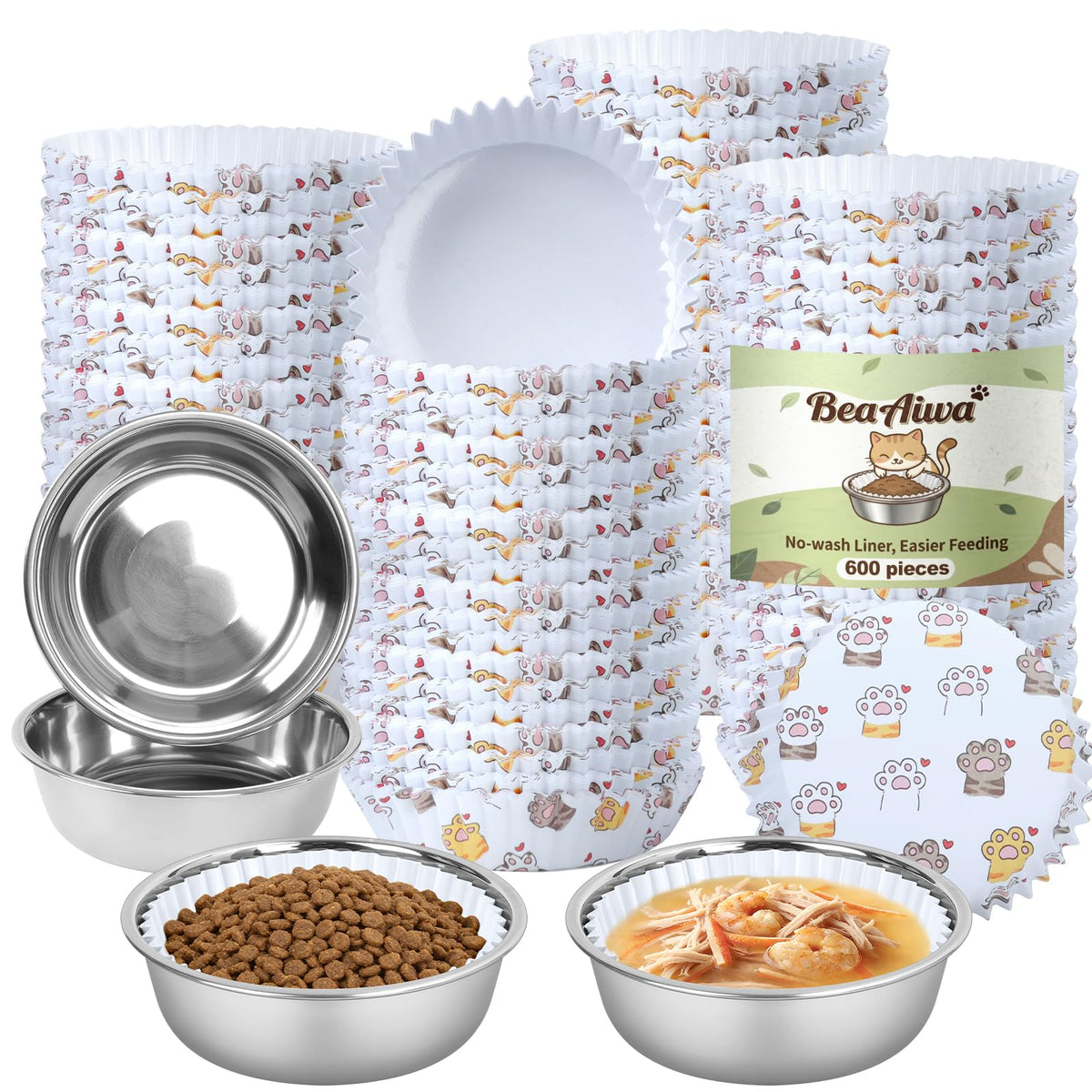 Cat Bowl Set (300 Disposable Pet Bowl Liners with 2 Stainless Steel Bowls)