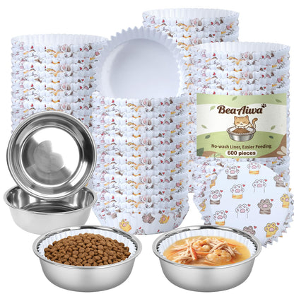 Cat Bowl Set (300 Disposable Pet Bowl Liners with 2 Stainless Steel Bowls)