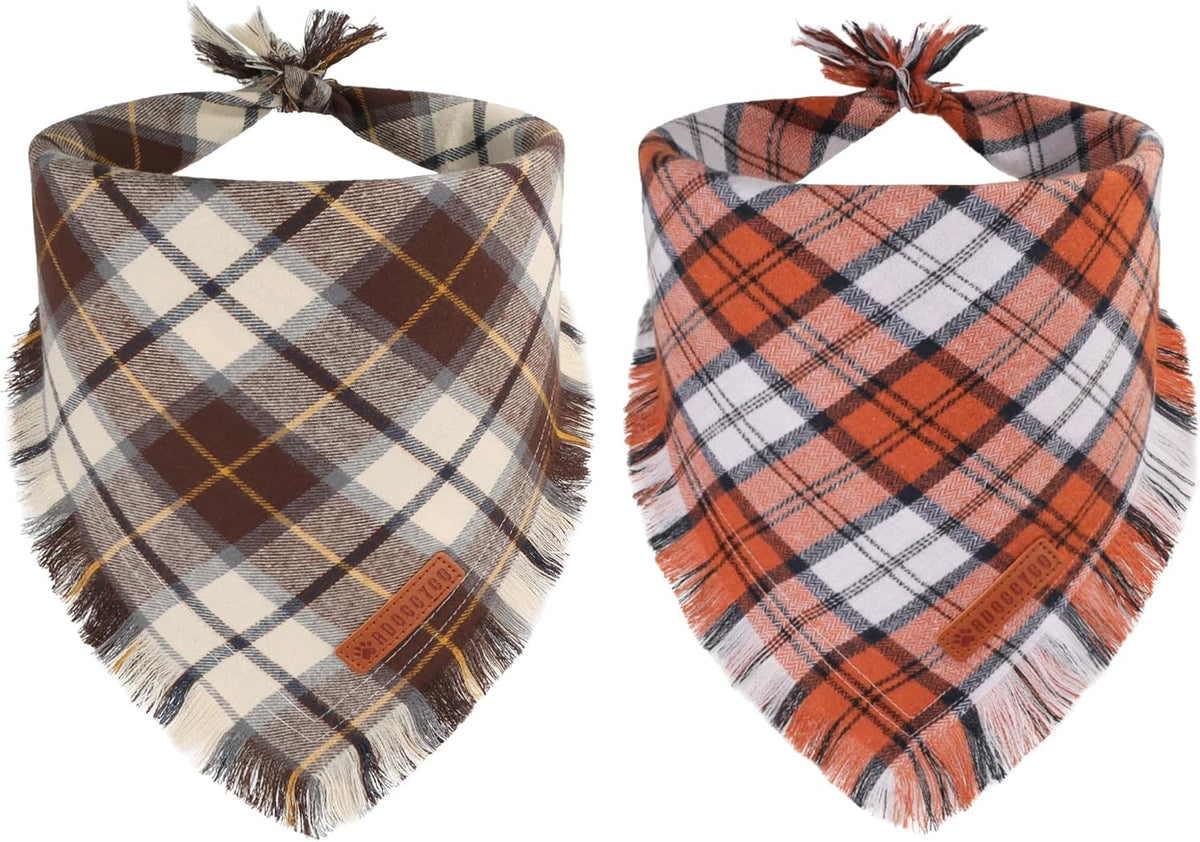 ADOGGYGO Fall Dog Bandana, Brown Plaid Thanksgiving Bandanas for Dogs, S