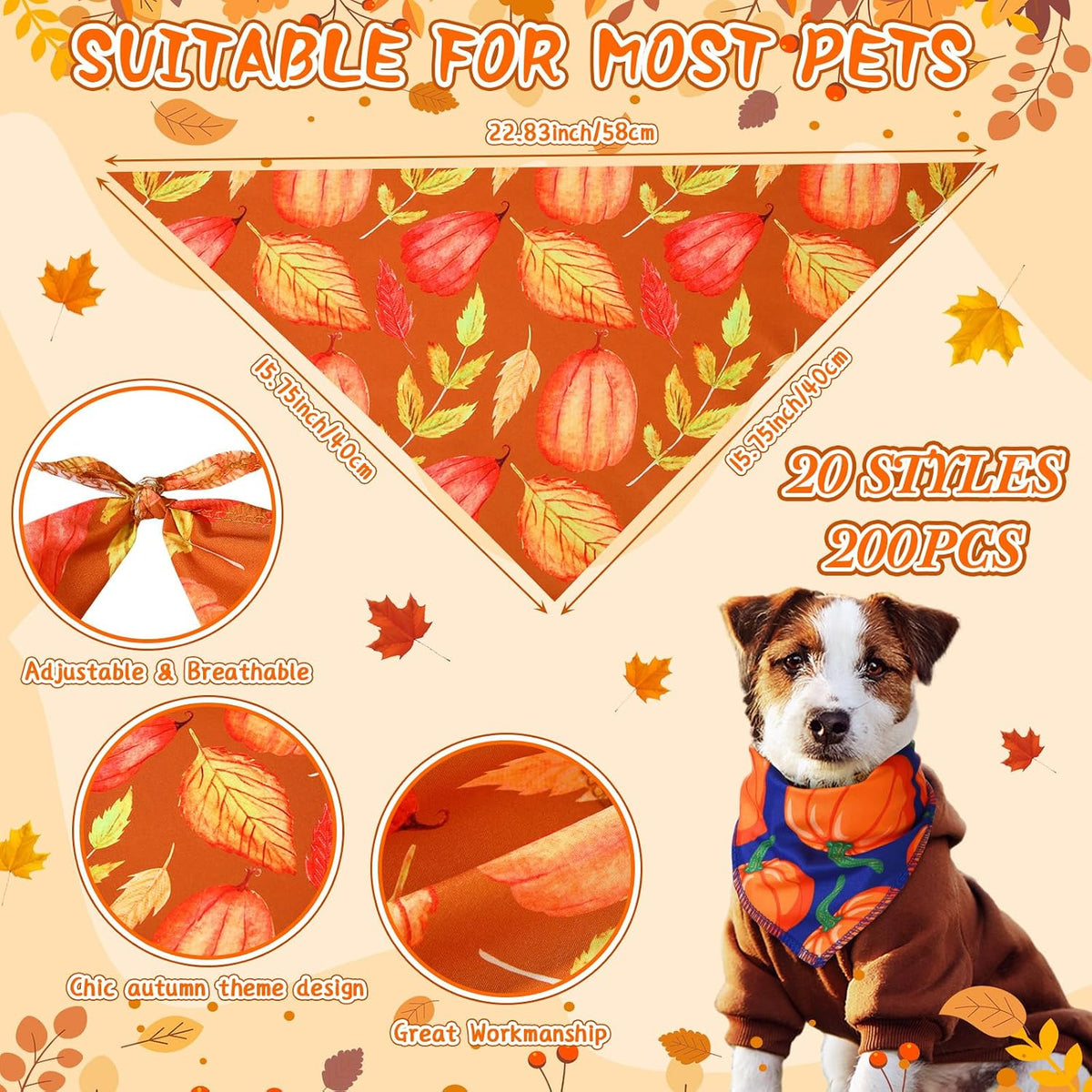 200 Pcs Fall Dog Bandanas Bulk for Small Medium Pet Dog Puppy