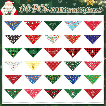 Sanwuta 60 Pcs Christmas Dog Bandanas Bulk Xmas Pet Bib Scarf, Santa Medium