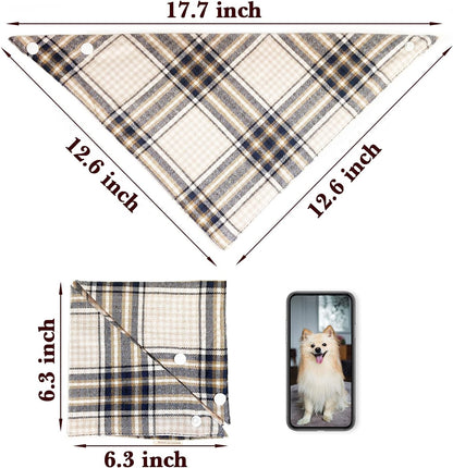 5PCS Dog Bandanas with Button - Thick Triangle Bibs Dual Layer Soft Cotton Scarves for Small Medium Boy Girl Puppy Cat Pet Baby Square Plaid Printing Washable Kerchief Halloween Costumes Outfits