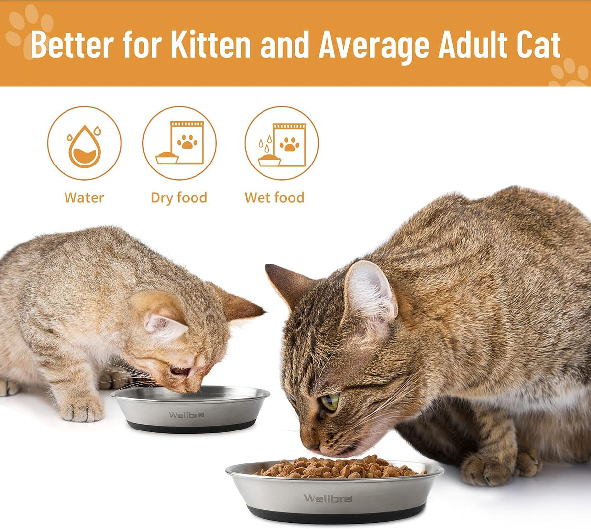 Cat Bowls, 304 Stainless Steel Non-Slip Wide Shallow, 2 Pack