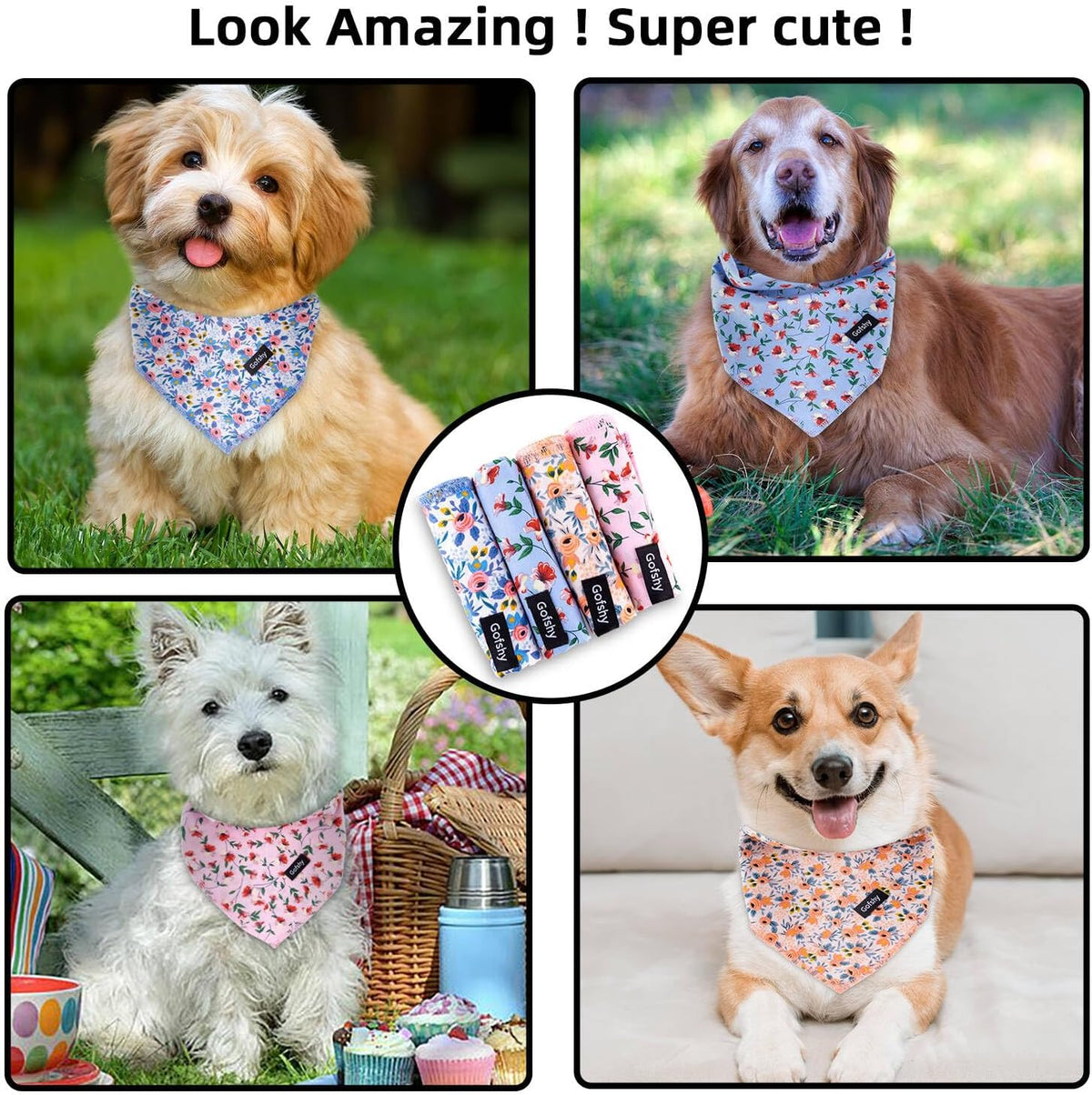 Dog Bandana Spring Cotton XLarge 4PCS, Orange Pink Blue Floral Scarf