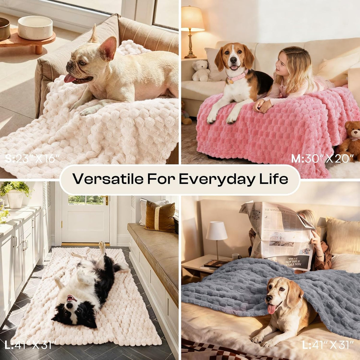 Luciphia 300GSM Fleece Dog Blanket Washable Soft Pcs3-Grey/White/Pink, S