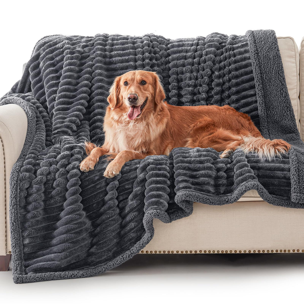 AIPERRO Waterproof Dog Blanket for Large Dogs, Washable Soft Puppy Cat Blanket Flannel Cotton Velour for Sofa Couch Protector, Comfort & Security Reversible Bed Protection for Pet, 50"X60", Gray
