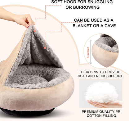 GASUR Dog Beds for Small Medium Dogs with Hooded Blanket, Cozy Cuddler Luxury Puppy Pet Bed with Blanket Attached, Donut Round Calming Anti-Anxiety Dog Burrow Cave Bed, Machine Washable 26 inch