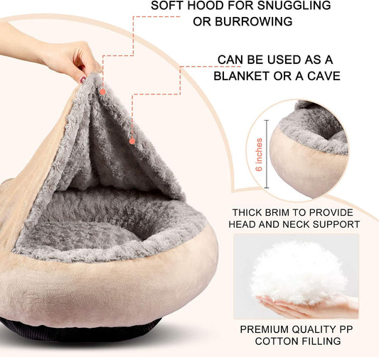 GASUR Dog Beds for Small Medium Dogs with Hooded Blanket, Cozy Cuddler Luxury Puppy Pet Bed with Blanket Attached, Donut Round Calming Anti-Anxiety Dog Burrow Cave Bed, Machine Washable 26 inch