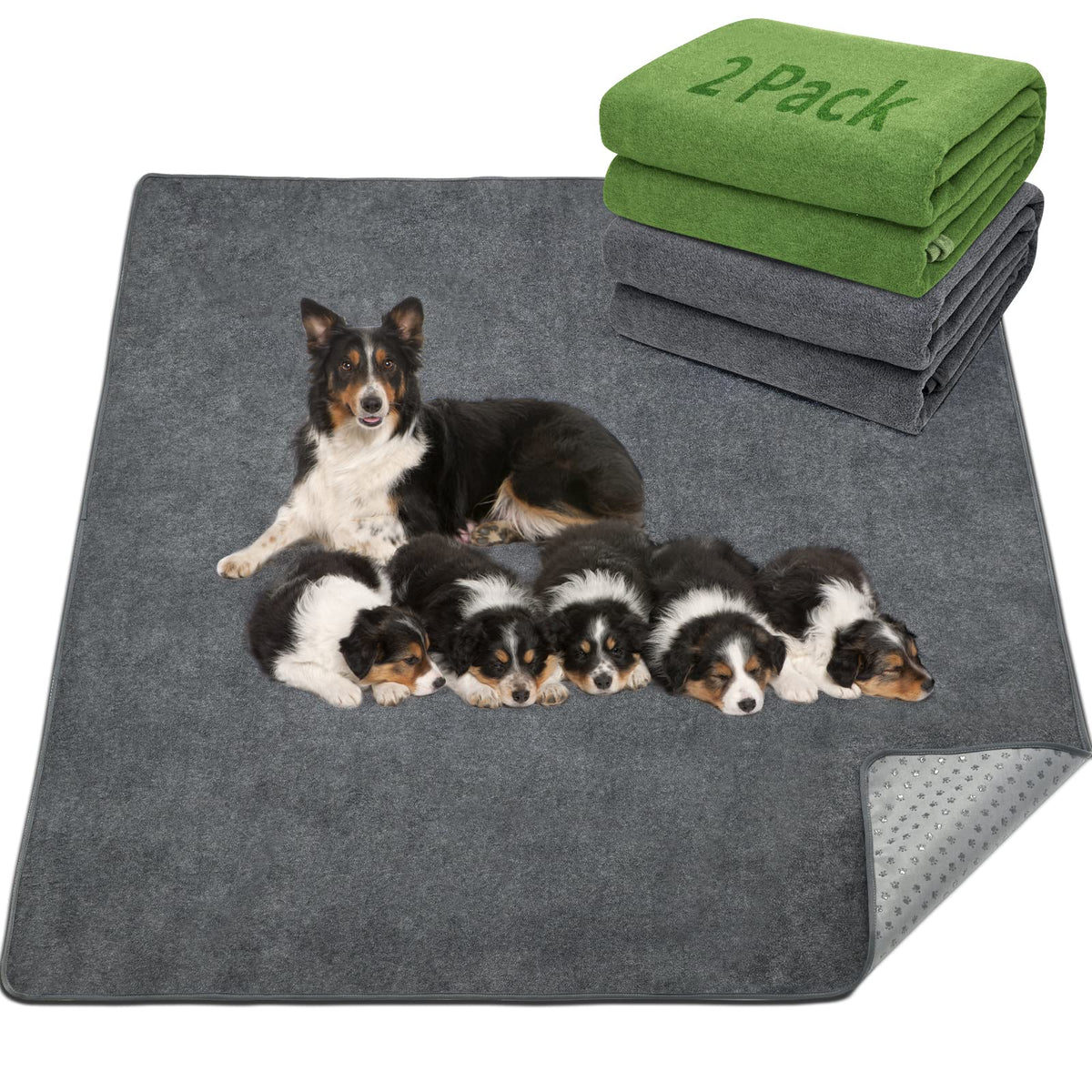 LOOBANI 2 Packs Extra Large Reusable Dog Mat for Floor, Non-Slip Washable Pee Pads for Dogs, Fast Absorbent Pet Whelping Pads, Puppy Playpen Mat for Incontinence, Housebreak, Crate, 36"x48", Gray