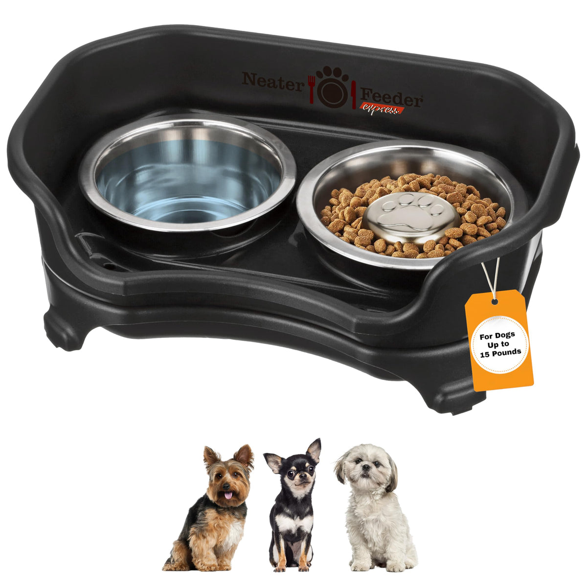 Neater Feeder Express Mess Proof Dog Bowls Elevated for Small Breeds Under 15 Lb, Made in USA, No Spill Raised Dog Food Bowl Stand, Stainless Steel Food and Water Bowl Set, Feeding Station, Black