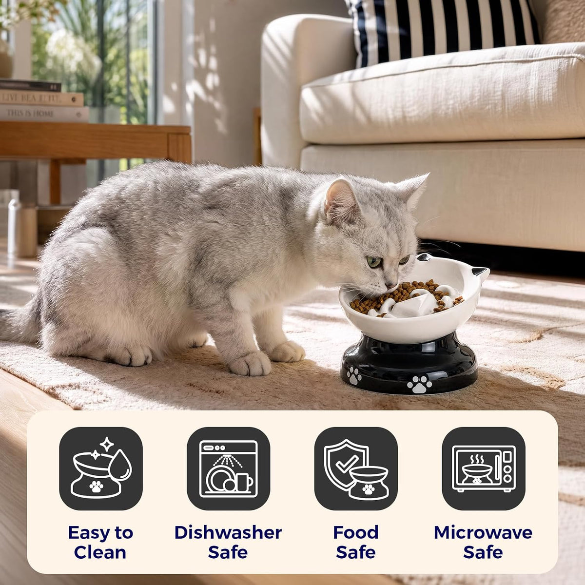 Y YHY Ceramic Cat Slow Feeder, Elevated Dog Food Bowl Tilted Design, Slow Feeder Bowl no Black Chin, Cat Shape for Dry and Wet Food