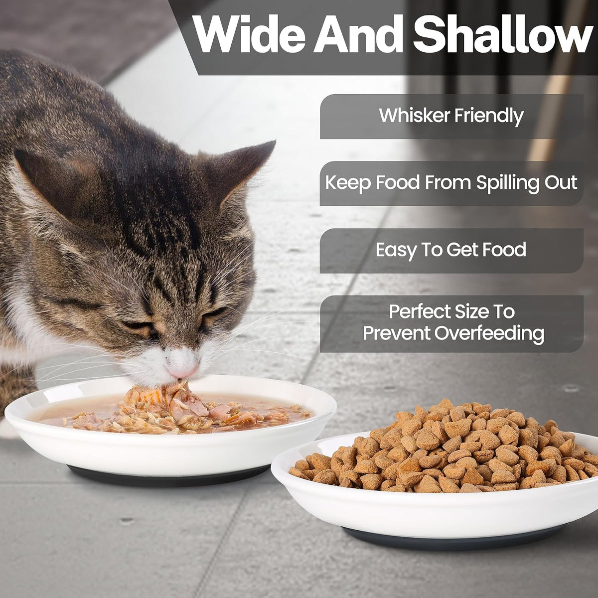 Cat Food Bowl, Whisker Friendly Ceramic Cat Bowls with Nonslip Silicone Bottom, Pack of 3 Quiet Dishes and Plates for Feeding Indoor Cats, Kittens and Small Dogs(Fishbone,Shallower)