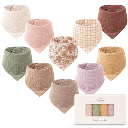 Konssy 10 Pack Baby Muslin Bandana Bibs for Drooling and Teething