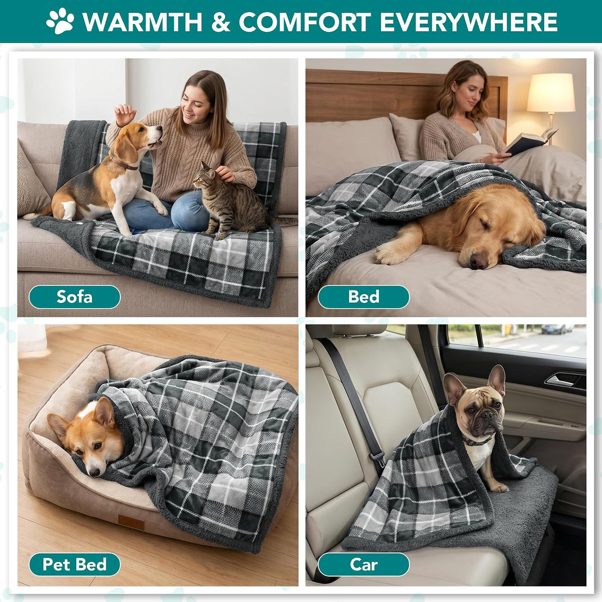 PetAmi Dog Blanket for Medium Small Pet Cat Puppy, 60x40, Plaid Dark Gray