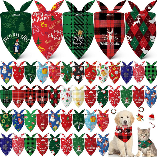 Sanwuta 60 Pcs Christmas Dog Bandanas Bulk Xmas Pet Bib Scarf, Santa Medium